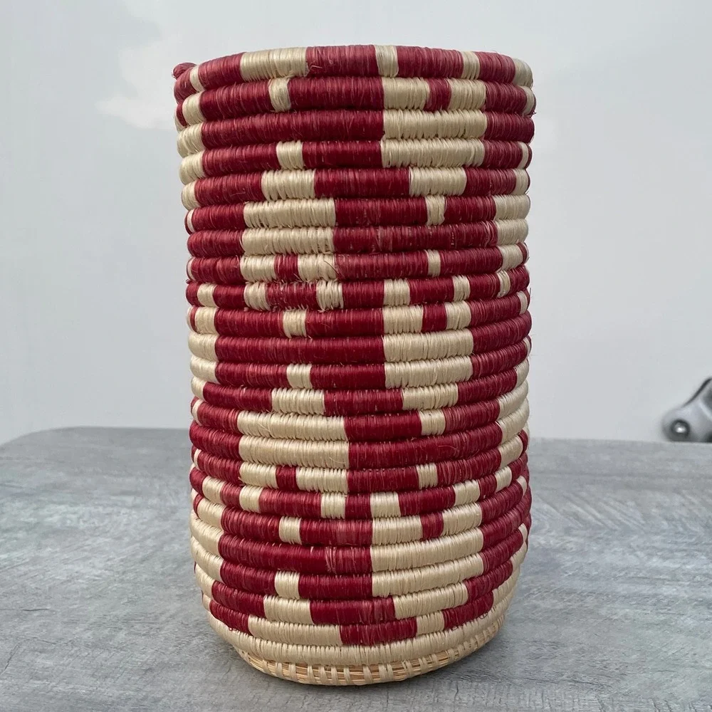 Handwoven Tall Cylindrical Basket Red Natural Geometric Coil Weave Vase